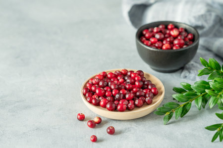 Fresh cranberries in a wooden bowl on a blue background with green branch, napkin and natural light close up. Concept of healthy natural wild berries. Front view, copy space.の写真素材