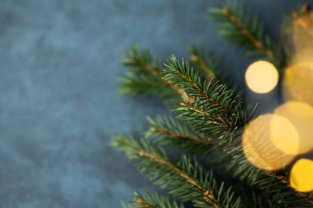 Fir branches and Christmas lights with a bokeh effect on a dark blue background close up. A festive illumination and decor concept for New Year's cards or advertising or banner with space for text.の写真素材