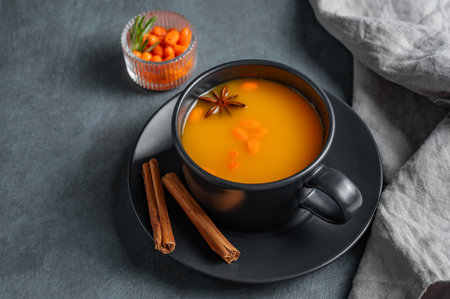 Sea buckthorn tea in a black cup on a dark background with berries, spices and napkin. Concept for a hot autumn organic drink to boost immunity. Copy space.の写真素材