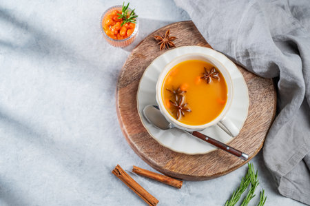Sea buckthorn herbal tea in a cup on a wooden board on a light background with spices, berries and morning shadows. Concept for a hot autumn organic drink to boost immunity. Top view, copy space.の写真素材