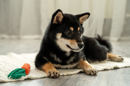 A cute black Shiba Inu puppy lies on a white rug with a toy carrot on a wooden floor. Concept of playtime with a pet.の写真素材