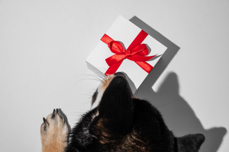 A black Shiba Inu dog looks at a square white gift box with a red ribbon on a light background with shadow. Pet gift concept. Top view, copy space.の写真素材
