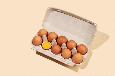 Fresh brown eggs in an open carton with one cracked yolk on a beige background with a shadow. Concept for a natural nutrition advertising banner. Top view, copy space.の写真素材