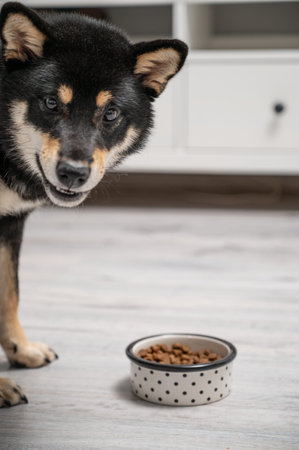 A Shiba Inu dog eats dry food from a bowl on a light wooden floor. Pet care and feeding concept. Copy space.
