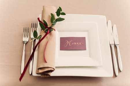 Banquet wedding table setting evening reception name card