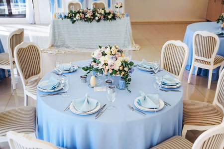 Festive table layout. Wedding decor. Table layout in style classic.