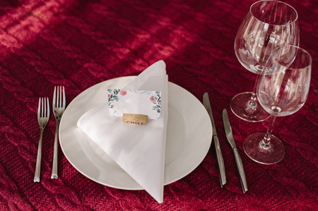 Wedding table decoration on the napkinの写真素材