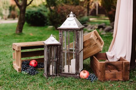 Autumnal composition of lantern, apples and grapeの写真素材