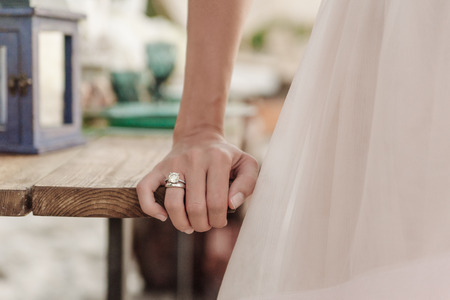 Beautiful wedding ring on bride handの写真素材