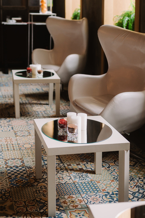 Beautiful composition with candles on tableの写真素材