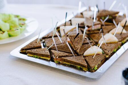 Delicious appetizer canapes of black bread on skewersの写真素材