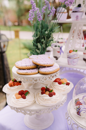 Beautiful strawberry cakes. Tasty candy stores a product from cream and strawberry. Beautiful dessertの写真素材