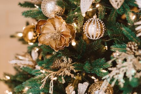 Close up of christmas tree decorated with ballsの写真素材