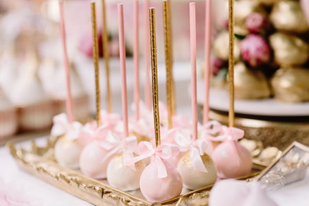 Small and delicious cakepoops in pink on a golden stand with charming decor. Sweet treats for young childrenの写真素材