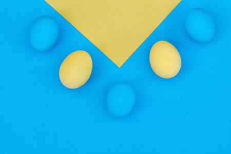 Dyed Easter eggs. Copy space. Top view, place for text. Ukrainian easter composition. Egg laying.の写真素材