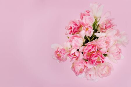 Creative spring background composition colorful flowers on pink background. Minimal top down summer concept. Copy space. Card templateの写真素材