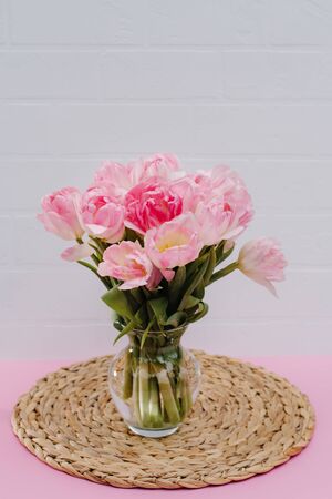 Valentine card. Template greeting card for Valentine's Day. Spring card for Mother's Day or Women's Day. Greeting card with flowers, copy space. Congratulations on wedding or anniversary.の写真素材