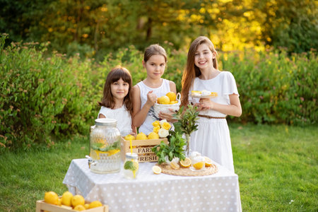 Cute little children selling lemonade in park. Homemade lemonade sale concept. Lemons, mint, cocktail cans in boxes for lemonade close-up. Homemade lemonade in dispenser and copy space.の写真素材