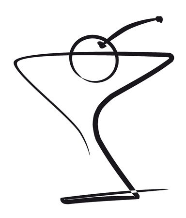 Cocktail with cherry, illustration in black with white backgroundの写真素材