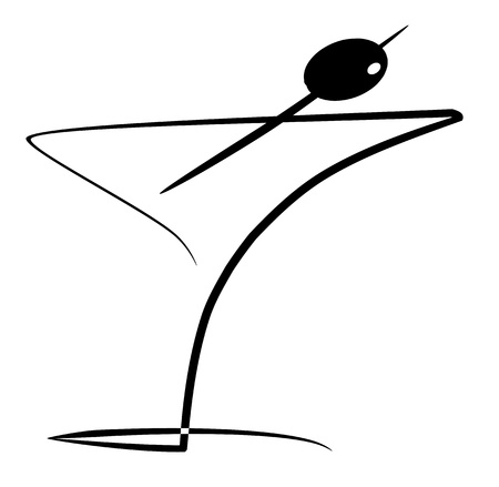 Cocktail with olive, illustration in black with white backgroundの写真素材