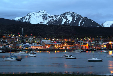 Night view of the port of Ushuaia, Tierra del Fuego, Patagonia, Argentinaのeditorial素材