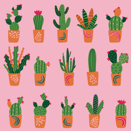 Vector seamless pattern with different cactus in pots. Bright repeated texture with green cacti. Hand drawing natural background with desert plants for fabric, textile, wrapping paper.のイラスト素材