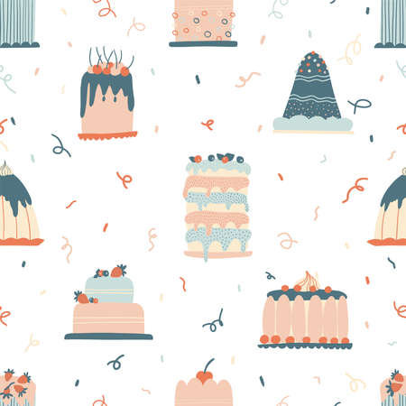 Set of cakes, vector hand-drawn scandinavian illustration. Various types of delicious cakes. Lettering for a bakery. Sweet background perfect for image, textile, fabric, wrapping paper. Vector.のイラスト素材