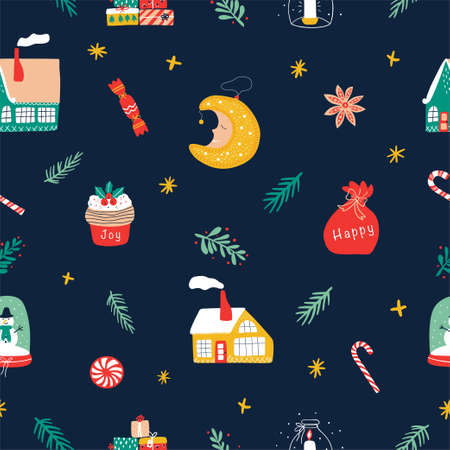 Christmas seamless pattern on a dark background. New Year pattern with house, moon, candle, mistletoe, snow globe. Vector illustration. Winter pattern for kids textile, decor, fabric, wrapping paper.のイラスト素材