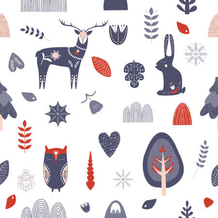 Christmas seamless pattern in folk style. Christmas toys deer, snowflake, tree, rabbit, heart, owl. Elements for banner, background, printing on paper. Hand drawn vector illustration.のイラスト素材