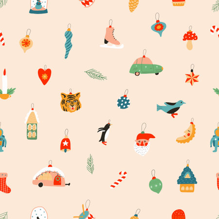 New year seamless pattern with cute funny Christmas toys. Tiger, car, Santa Claus, toadstool and...