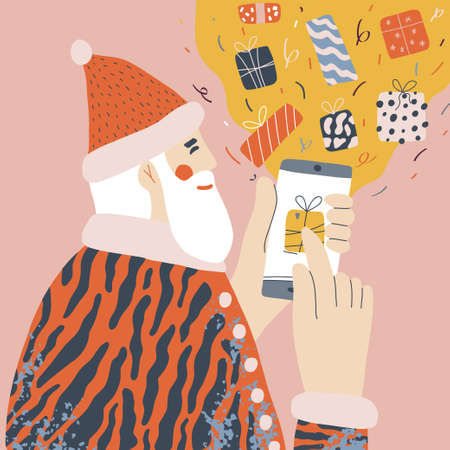 Santa Claus holds smartphone and sends online gifts. Concept online sale with various gift boxes.のイラスト素材