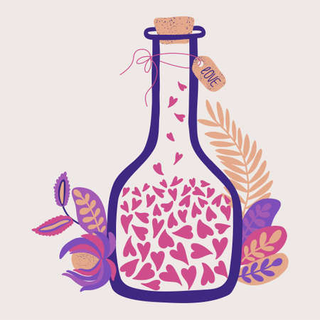 Valentines Day card with hearts inside a bottle and exotic plants. Vector illustration for Mothers Day. Love postcard concept.のイラスト素材