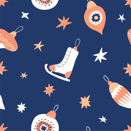 New Year seamless pattern with Christmas tree toys, bump, ball, icicle. Background for gift wrapping or fabric design. Elements for advent calendar. Hand drawn vector illustration.のイラスト素材