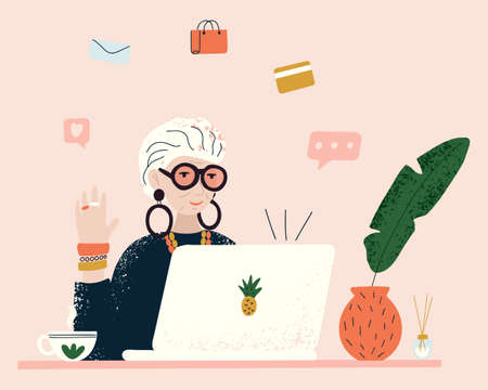 Elderly female character is shopping online, chatting, using email, social networking at home. The concept of active life and the development of information technology in old age. Vector illustration.のイラスト素材