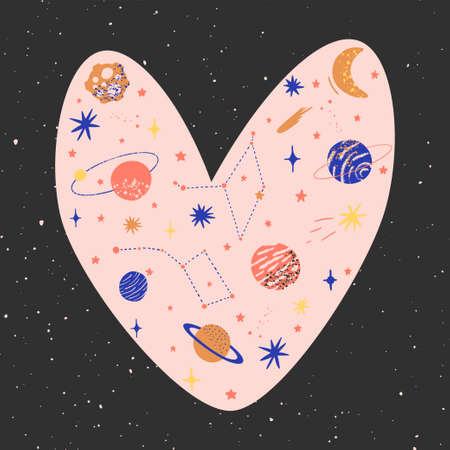 Meta universe heart in trendy space style. Greeting card for valentine day or mother day. Vector illustration for print on wall, t shirt, social media post and stories.のイラスト素材