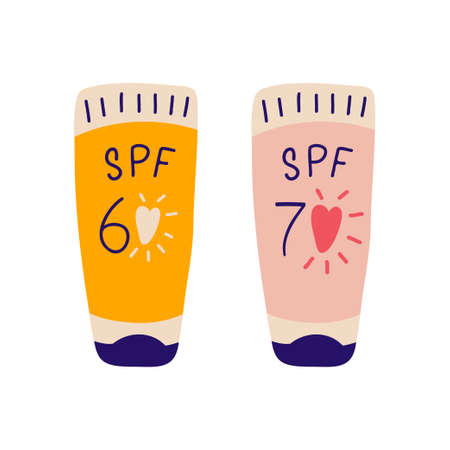 Sunscreen doodle style. Cream products with SPF protection. Hand drawn summer cosmetic. Sunblock, skin protection, skin care products. Vector illustration.のイラスト素材