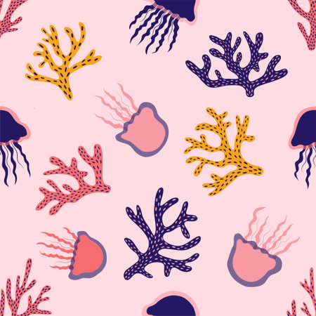 Cute seamless tropical pattern with corals and jellyfish. Perfect for wallpapers, web page...