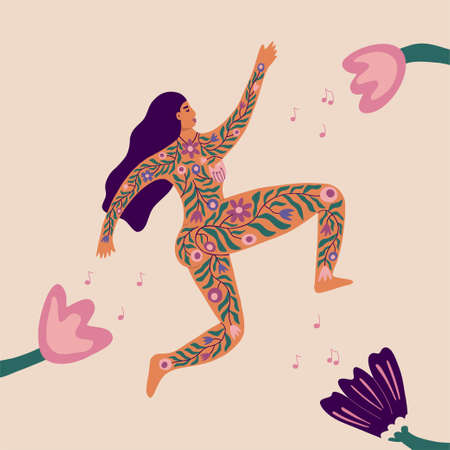 Women power and body positivity concept. Poster with cute woman dancing surrounded by spring flowers. Background for International Womens Day. Hand drawn vector illustration.のイラスト素材
