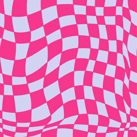 Seamless pattern with cyber distorted shape, checkered pattern. Wave geometry shape in retro trippy 60s, 70s style. Vector illustration background.のイラスト素材