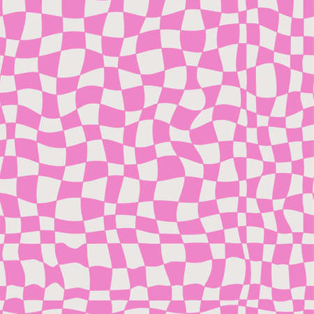 Seamless pattern with cyber distorted shape, checkered pattern. Wave geometry shape in retro trippy 60s, 70s style. Vector illustration background.のイラスト素材