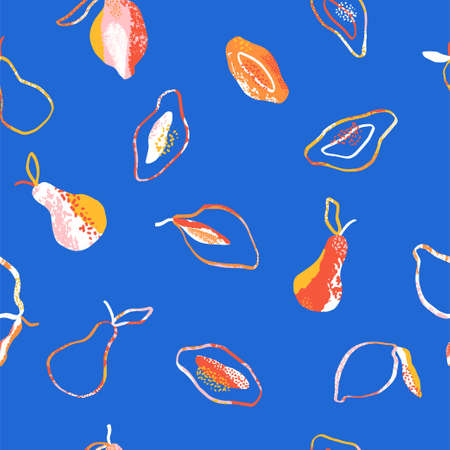 Seamless pattern with pear, lemon and mango in retro contemporary style. Summer fruits in abstract groovy style. Vector illustration for textiles.のイラスト素材