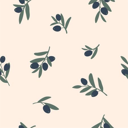 Vector seamless pattern with ripe black olives on pink background. Flat illustration for olive oil, natural cosmetics. Design for textile, wallpaper, wrapping, backdrop.のイラスト素材