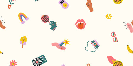 Summer seamless pattern with trippy cute characters, doodles and abstract shapes. Trendy modern...