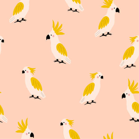Hawaiian trendy seamless pattern with cockatoo. Background with birds of paradise. Hand drawn vector illustration. Summer design for fabric, wallpaper, wrapping paper, backgrounds and decor.のイラスト素材