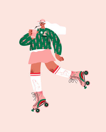Girl on retro roller skates with coffee in hand. Pattern with carrots on clothes. Cute hand drawn illustration with skater women character with girl power concept.のイラスト素材