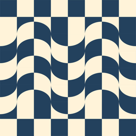 Abstract seamless pattern with grid, wavy swirl in 1970 trippy style. Hand drawn vector illustration. Groovy Background. Trendy modern print for fabric, wallpaper, packaging paper, backgrounds, decor.のイラスト素材