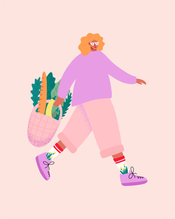 Young smiling female walking holding basket of fresh veggies greens for healthy eating. Eco friendly shopper with fresh organic food from local market. Vector illustration.のイラスト素材