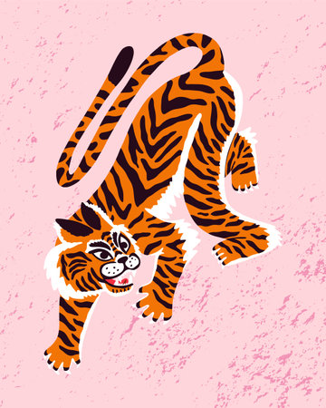Vector background with abstract tiger. Japanese or Chinese oriental style. Flat hand drawn for t shirt print, logo, poster template, tattoo idea. Endangered animal.のイラスト素材