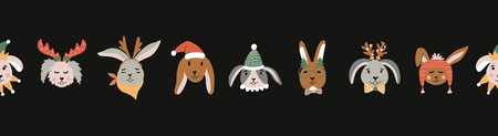 Christmas seamless border with cute rabbit in Santa hats and scarves. Horizontal seamless header for website template, promotion, headline. Vector illustration.のイラスト素材