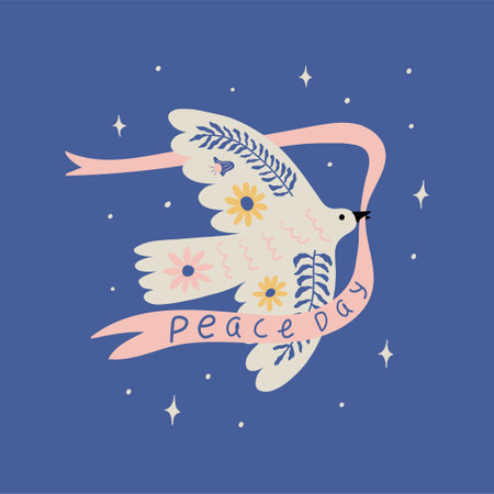 Concept for world peace day postcard with dove. Poster with symbol, no war, world day of peace, equality and love. Pigeon with ribbon, lettering Peace. Background for banners, slogans, t-shirts, cardsのイラスト素材